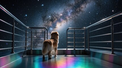 Fototapeta premium Golden retriever dog stands on modern balcony looking at Milky Way galaxy in night sky. Pet watches bright stars, cosmic nebula from home terrace. Dreamy space view with universe scenery,