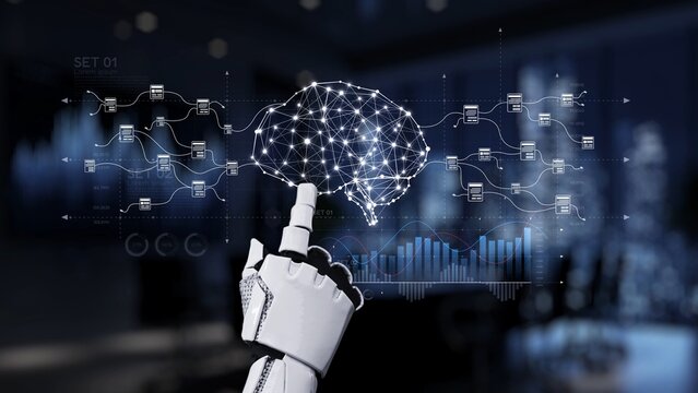 A futuristic representation of artificial intelligence and neural networks. A robotic hand interacts with a visual brain network, highlighting data and innovation themes. Synapse