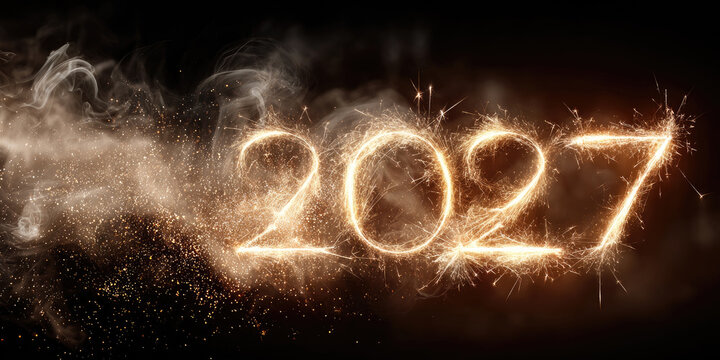 Golden sparklers creating the number 2027, illuminating a dark background with glowing particles and celebratory smoke, symbolizing upcoming new year festivities and future events