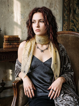 Portrait of a young gothic woman wearing a spiderweb scarf, spider necklace, and velvet cape sitting in a vintage armchair.   