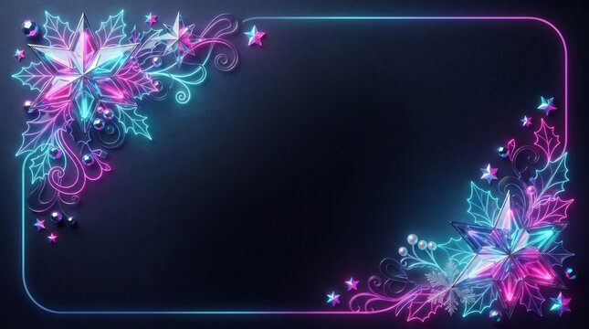 Neon glowing Christmas background with futuristic stars and dark frame