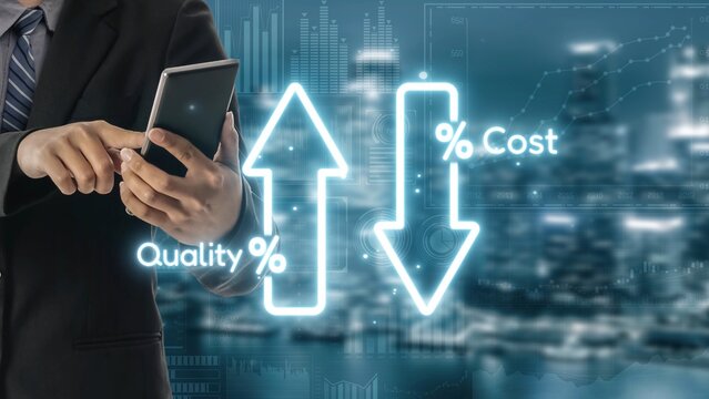 Business concept showing cost reduction and quality increase using Lean, Six Sigma, and Total Quality Management (TQM) to enhance efficiency, value, and customer satisfaction. Muxer
