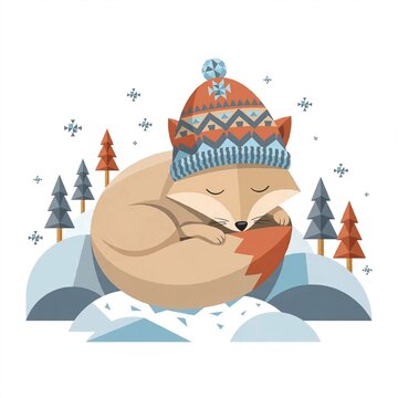 Cute sleeping fox wearing a nordic patterned beanie hat curled up in winter snow