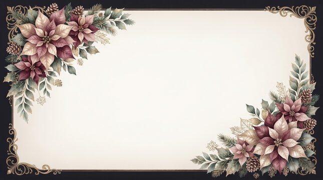 Elegant Christmas frame background with vintage poinsettia flowers and pine cones   