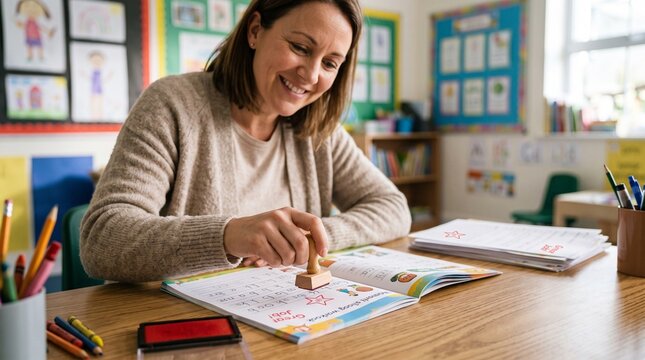 Teacher stamping childrens graded homework in bright classroom with copy space