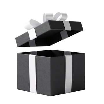 An open black gift box with a white ribbon and bow on a white background