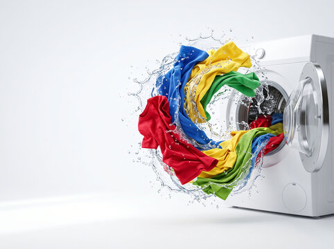 Vibrant colorful garments spinning in a dynamic vortex of splashing water emerging from an open modern white washing machine drum during laundry cycle inside bright clean interior studio shot