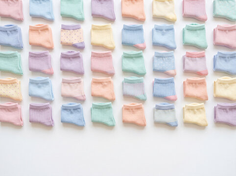 Colorful folded socks arranged in neat rows showcasing various pastel shades patterns and textures for organized lifestyle and fashion concepts on white flat lay background surface