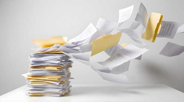 Dynamic white papers and yellow folders flying away from a large messy stack on white table