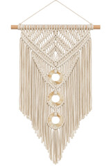 Handmade macrame wall hanging with decorative rings on a wooden dowel for boho home decor style © Ophelia