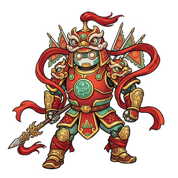 Cute and adorable cartoon robot inspired by traditional Chinese culture, featuring decorative dragon motifs and classic red and gold accents. This charming futuristic mascot combines modern robotics w