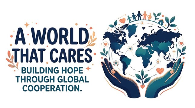A world that cares, building hope through global cooperation, conceptual illustration with hands holding the globe, unity and international solidarity theme