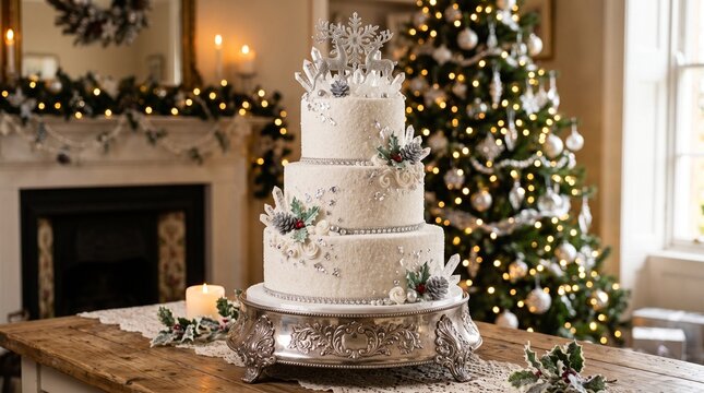 Three tier white christmas cake on silver stand with festive holiday