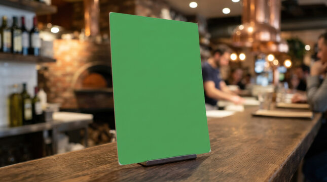 Blank vertical green screen menu sign in metal holder stand on wooden bar counter in cozy pub interior with warm lighting.