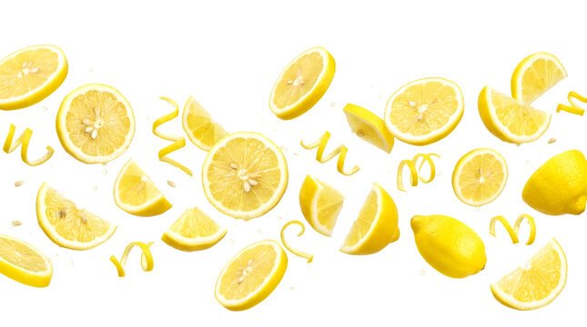 Fresh yellow lemon slices and citrus peel spirals floating on isolated background for healthy vitamin rich beverage ads.