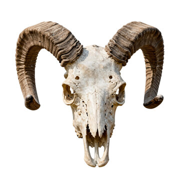 Ram skull with large curled horns on a white background