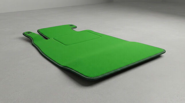 Bright green textile car floor mat featuring reinforced textured heel pad area and mounting grommets for interior vehicle safety.