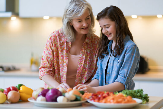 Woman and girl preparing colorful vegetables together in a bright modern kitchen, smiling over fresh ingredients and sliced carrots, family cooking scene
