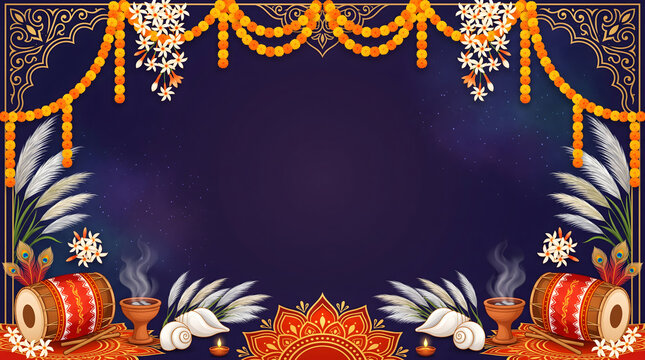 Festive durga puja background with marigold garlands and traditional indian elements