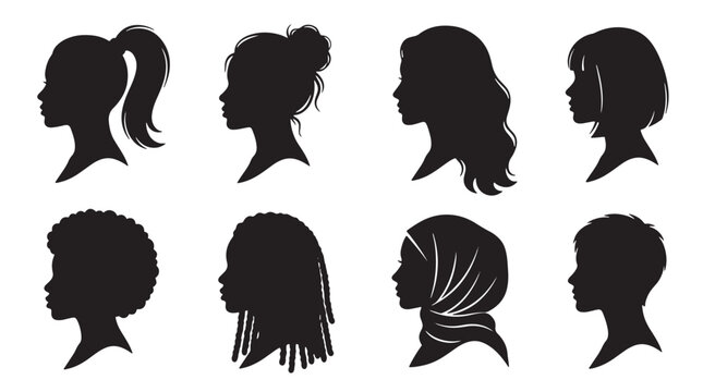 Set of eight diverse female head silhouettes with various hairstyles in profile view vector illustration for graphic design projects