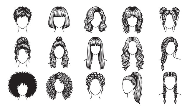 Set of fifteen diverse female hairstyles and haircuts including braids curls and buns for character design and beauty salon branding vector illustration