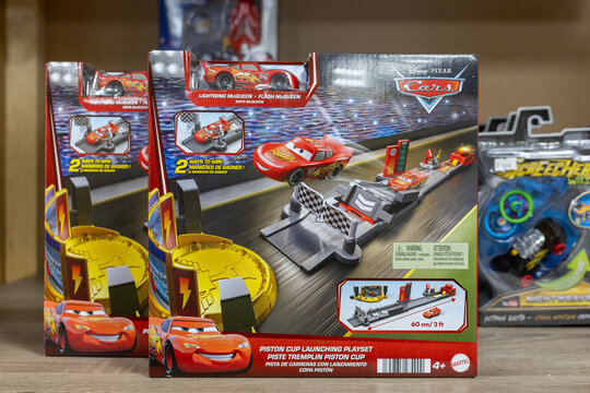 Disney Pixar Cars Lightning McQueen Piston Cup Launching Playset by Mattel in packaging on store shelf. Kaliningrad, Kaliningrad Region. October 7, 2026