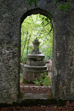 The fountain at the ruined pleasure Tivoli Park in Lerryn Cornwall