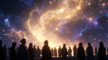 Fototapeta premium Silhouettes of people watch bright cosmic nebula in night sky. Glowing golden stars, galaxy clouds shine over crowd. Group of humans observe celestial light show during spiritual ritual winter
