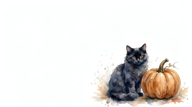 Watercolor Black Cat and Pumpkin for Halloween Illustration