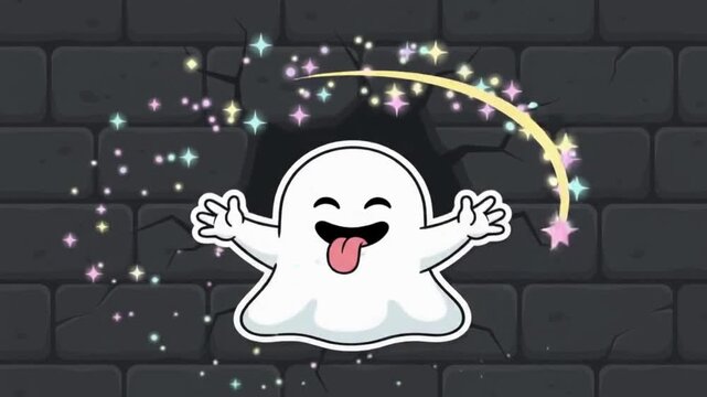 Modern 2D pop-art vector animation of a friendly white ghost bursting through a cracked wall on charcoal grey background.