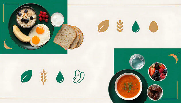 Ramadan nutrition infographic with healthy suhoor and iftar meal