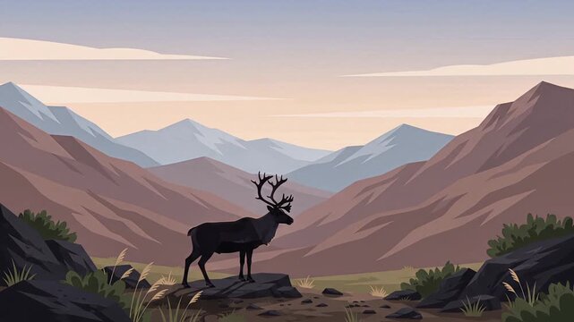 medium shot vector illustration reindeer silhouette standing on rocky outcrop in mountain valle