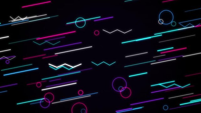 Dynamic retro geometric shapes moving diagonally on black background creating vintage synthwave and vaporwave inspired motion graphics clip.