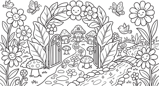 Whimsical fairy garden with flowers, mushrooms, and a tiny house isolated on white background, illustration