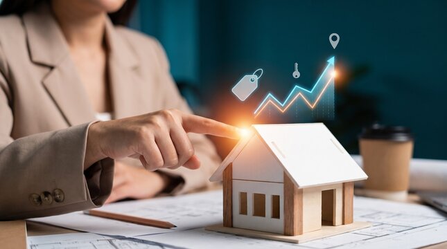 Real estate investment concept with house model and rising graph