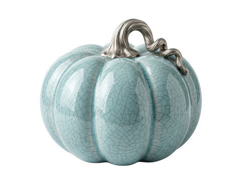 Small light blue ceramic pumpkin decoration with a metallic stem for autumn holidays and home tabletop decor isolated on transparent background