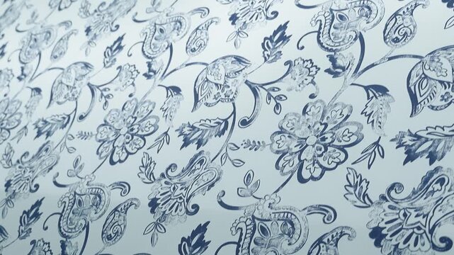 Blue floral printed cotton fabric moving, textile pattern close up