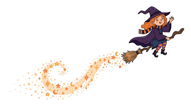 Cute Halloween witch flying on a broomstick with magic stars trail