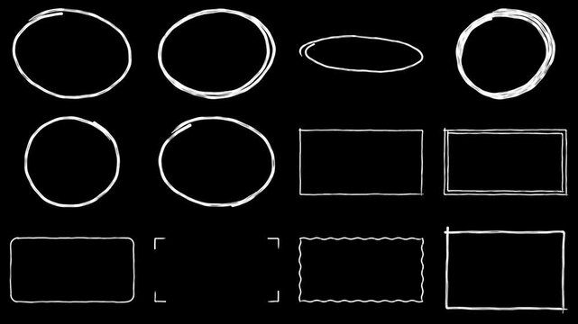 Hand-Drawn Circles and Frames Drawn On, Marker Doodle Highlight Rings and Boxes Animation on Black Background