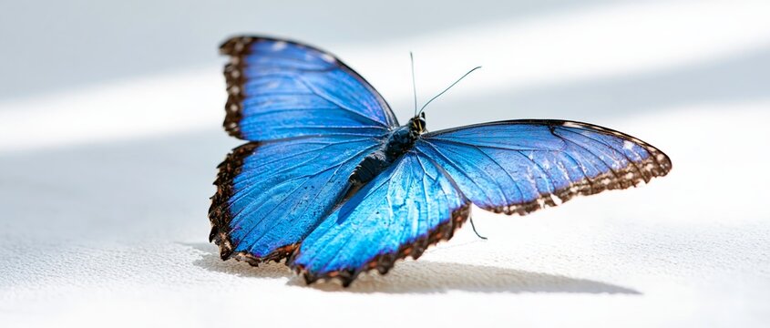 Blue morpho butterfly perched on smooth white surface with intricate veined wings showing iridescent blue coloration and dark brown edges under bright natural light from side angle