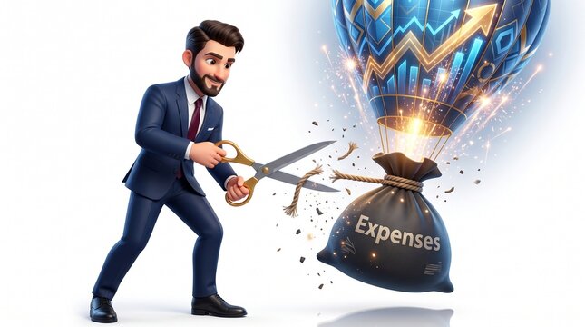 3D businessman mascot detaching expense sandbag from balloon