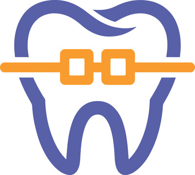 Dental tooth graphic logo symbol featuring a purple molar with orange orthodontic braces representing dentistry vector
