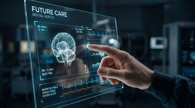 A scientist interacting with a futuristic holographic brain interface in a high tech research laboratory environment