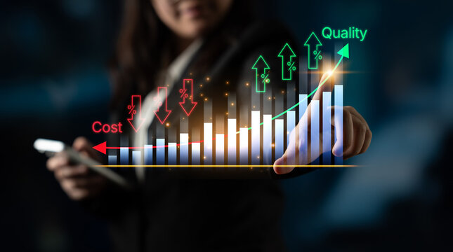Businesswoman Analyzing Growth Metrics with Charts Depicting Cost Reduction and Quality Improvement in Modern Corporate Environment. Bitwise.