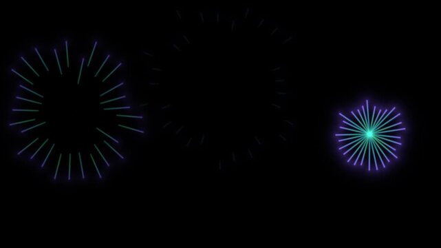 Glowing green and purple fireworks bursting with radial lines on black background, creating an abstract sparkling celebration overlay, seamless loop animation