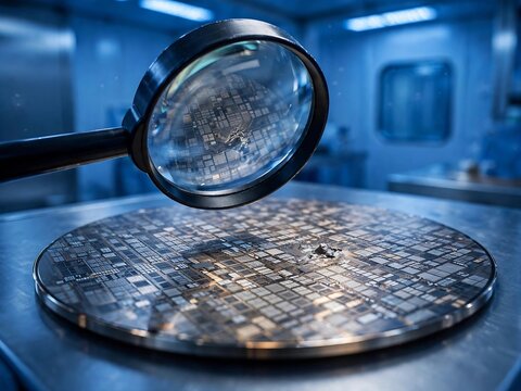 Magnifying glass inspecting defective silicon wafer in cleanroom