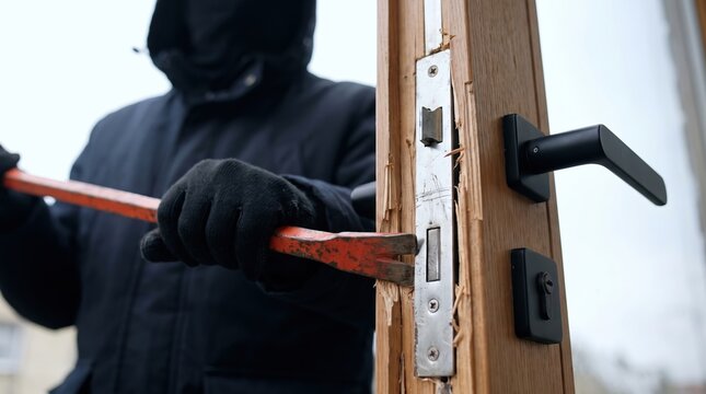 Person wearing a black hooded jacket and gloves uses a tool to pry apart a wooden door frame to gain unauthorized access to a private property during the day