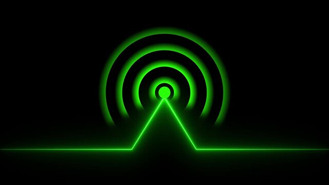 Glowing neon line animated by radio wave animation on a black screen background. Radio wave tower connective network and signal waves. Radio waves signal animation.