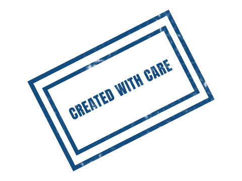 Created with care blue stamp seal on white