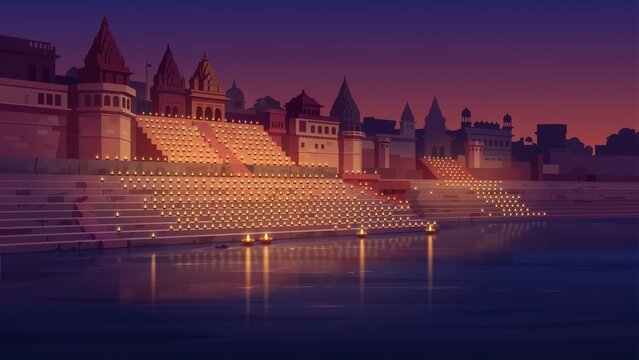 Grand panoramic view of illuminated river ghats honoring Goddess Lakshmi during Diwali evening celebrations